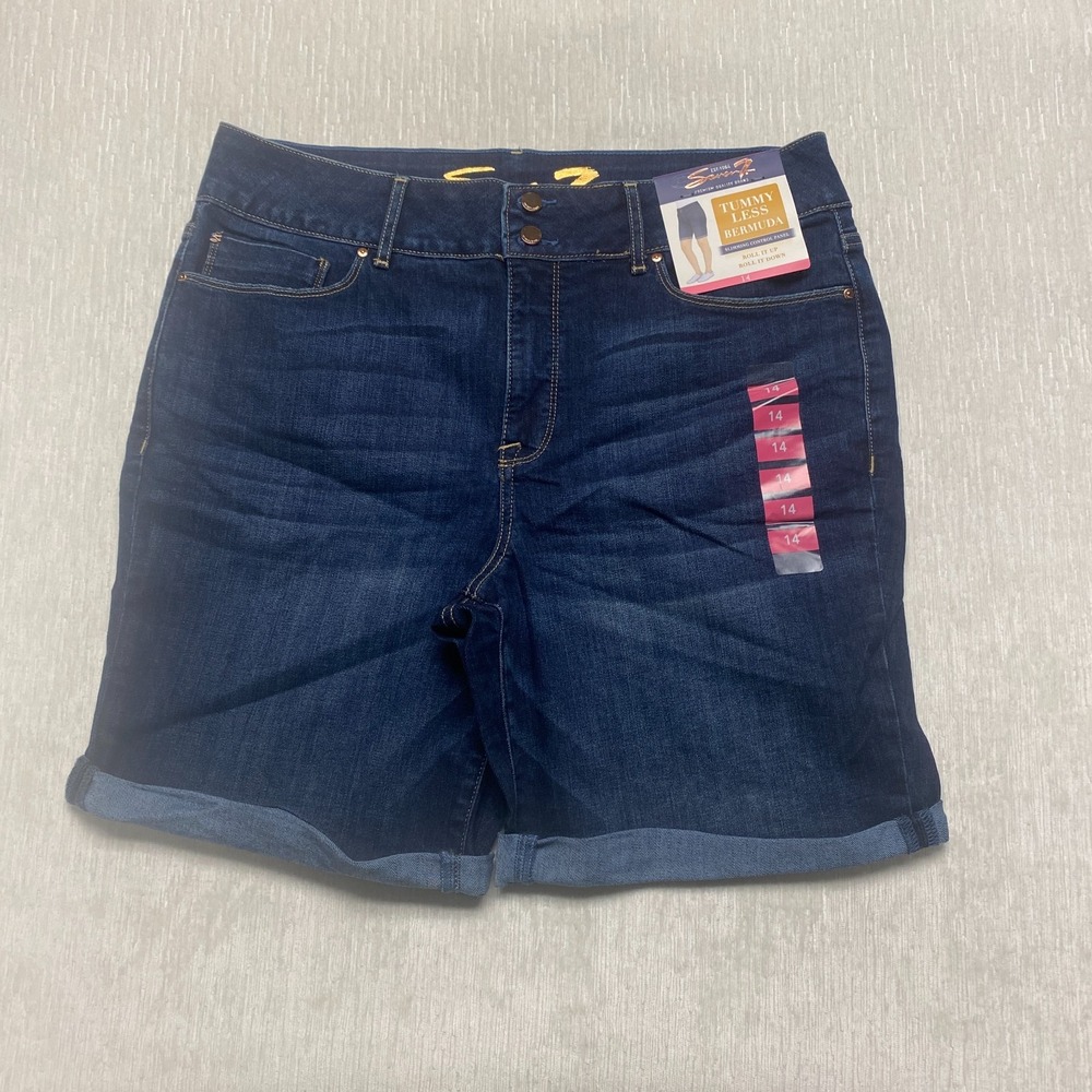 Seven7 Tummy Less Bermuda Shorts Women 14 Blue Denim Cotton High Rise Cuffed Hem